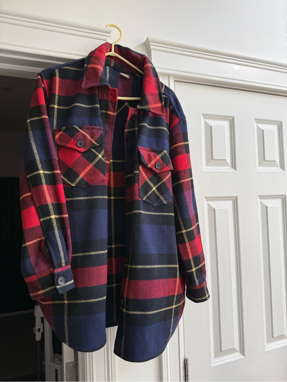 Women's Red & Navy Plaid Shirt Jacket